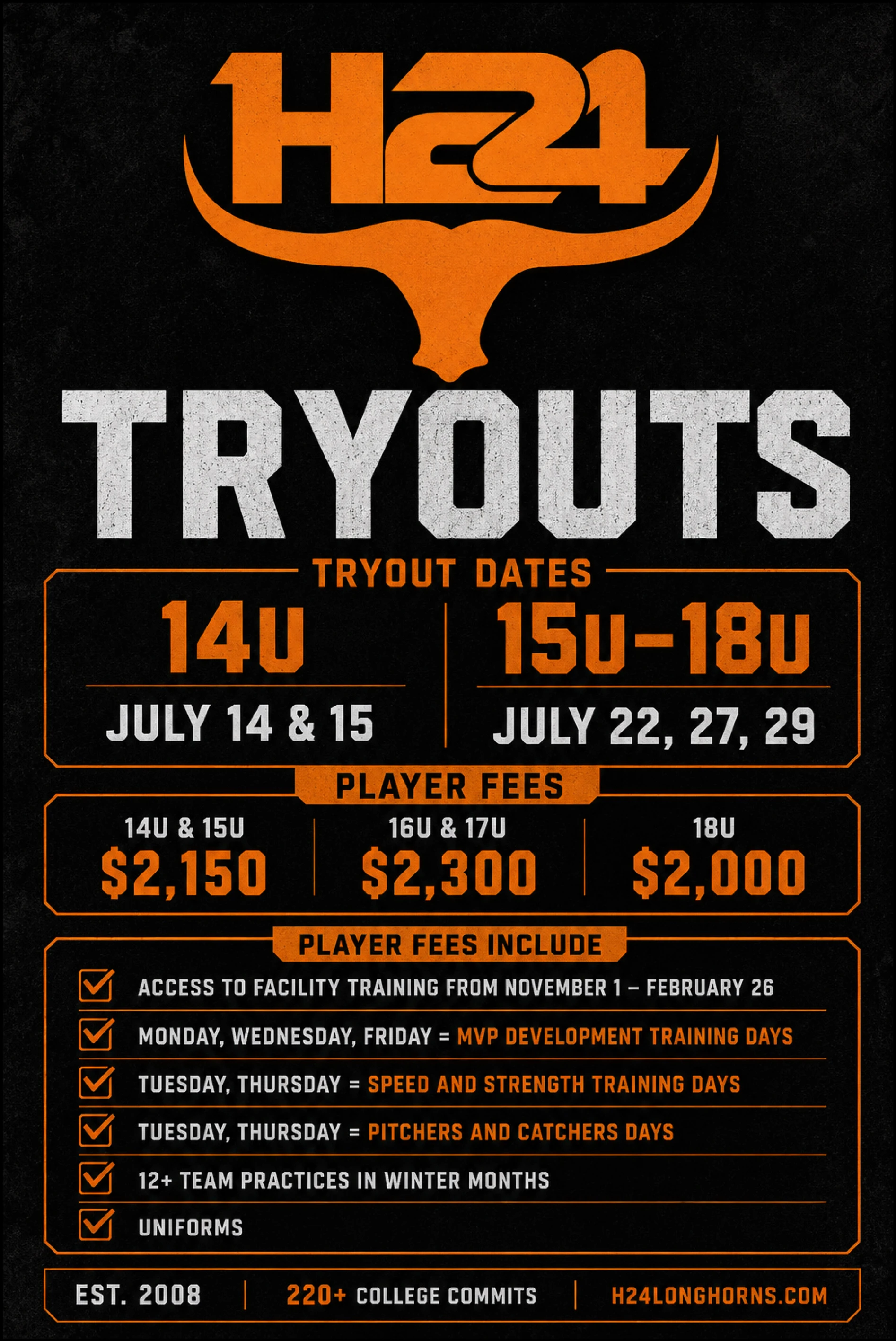 H24 Longhorns Baseball Tryouts — 14U on July 14 & 15, 15U–18U on July 22, 27 & 29. Player fees: 14U & 15U $2,150, 16U & 17U $2,300, 18U $2,000. Est. 2008, 220+ college commits.