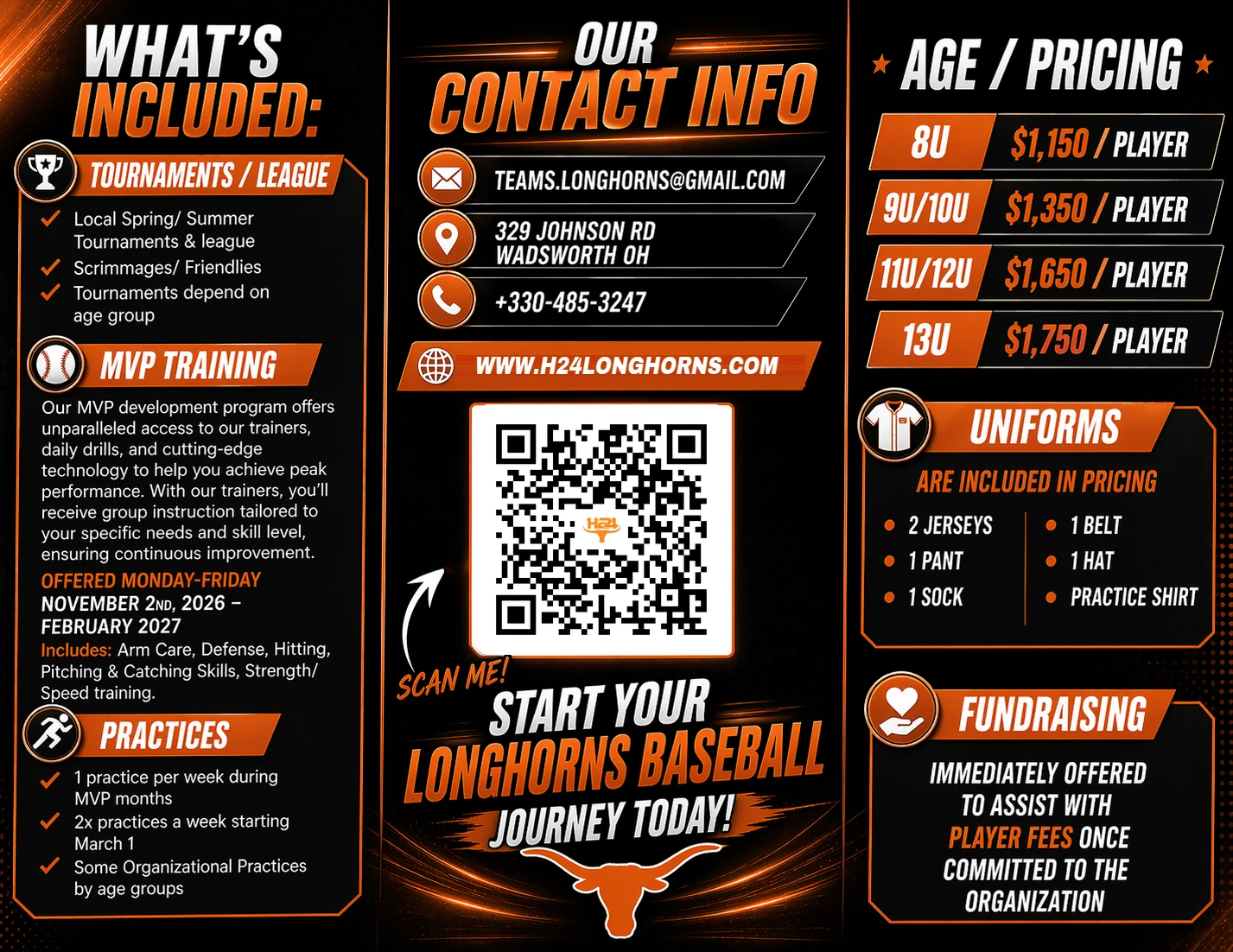 H24 Ohio Longhorns youth baseball — what's included: tournaments and league, MVP training November 2, 2026 – February 2027, practices. Age/pricing: 8U $1,150, 9U/10U $1,350, 11U/12U $1,650, 13U $1,750 per player. Uniforms included in pricing. Fundraising offered to assist with player fees. teams.longhorns@gmail.com · 330-485-3247 · 329 Johnson Rd, Wadsworth OH.